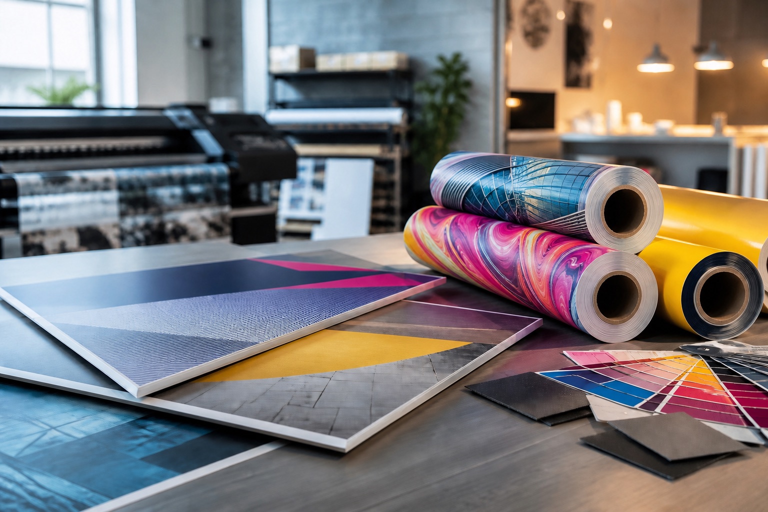 Sfeerbeeld van zadrukte grootformaat banners, printpanelen en kleurstalen