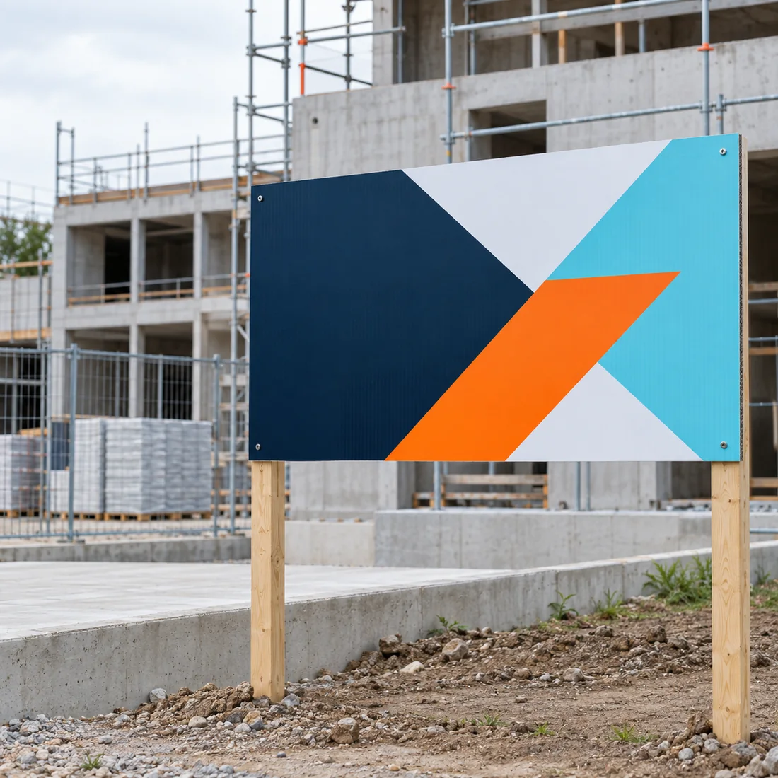Bedrukt werfbord in kanaalplaat op houten palen bij een bouwproject